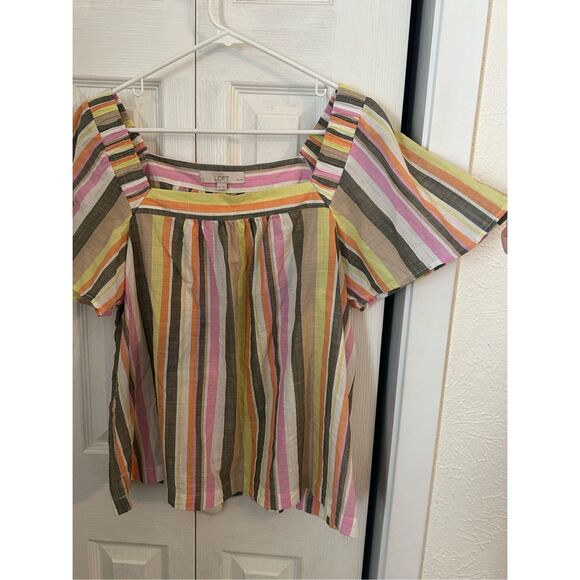 Loft Women's Striped Square Neck Blouse Green Pink Size XLP Petites - Picture 2 of 7